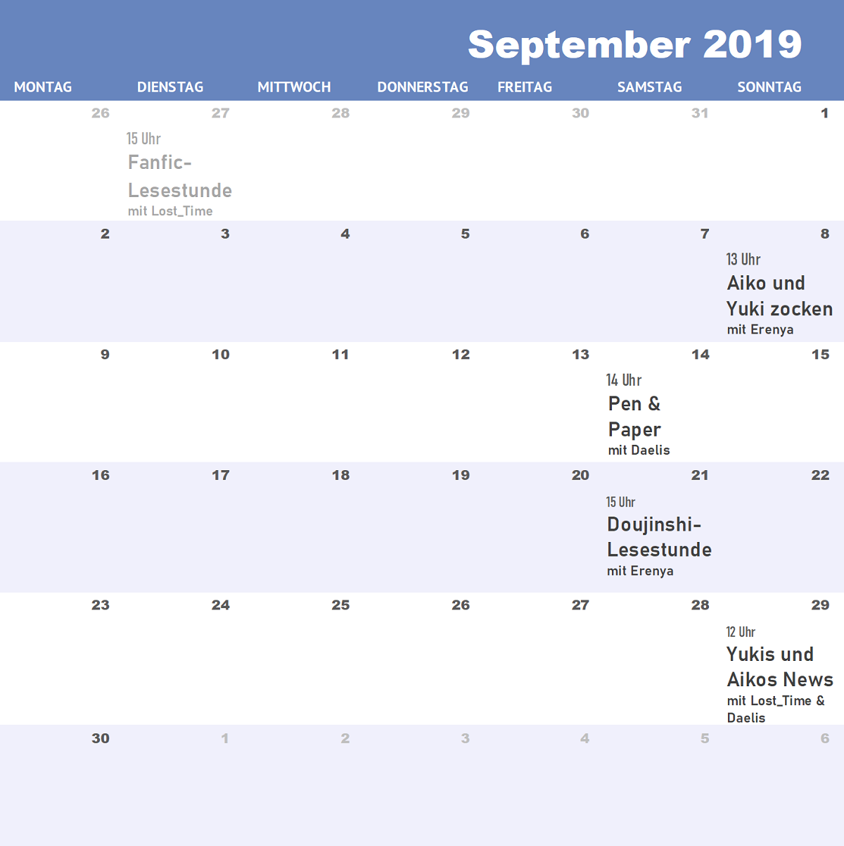 Steaming-Kalender September 2019: 8.9., 13 Uhr Aiko und Yuki zocken, 14.9., 14 Uhr Pen & Paper, 21.9. 15 Uhr Doujinshi-Lesestunde, 29.9. 12 Uhr Yukis und Aikos News